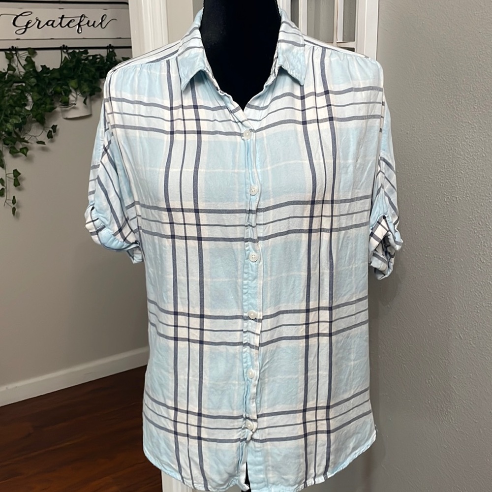 Universal Thread Women's Sz M Flannel Shirt Soft Cotton Blue Plaid S/S Top